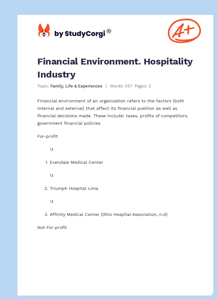 Financial Environment. Hospitality Industry. Page 1