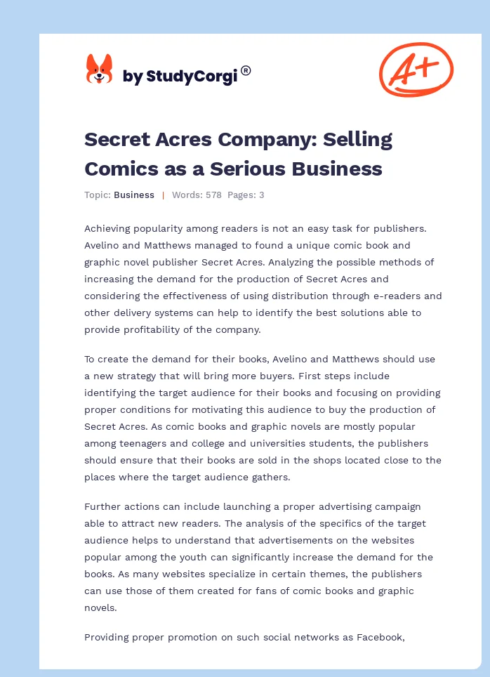 Secret Acres Company: Selling Comics as a Serious Business. Page 1