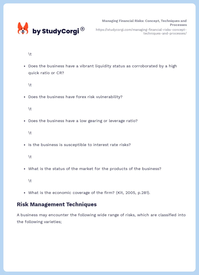 Managing Financial Risks: Concept, Techniques and Processes. Page 2