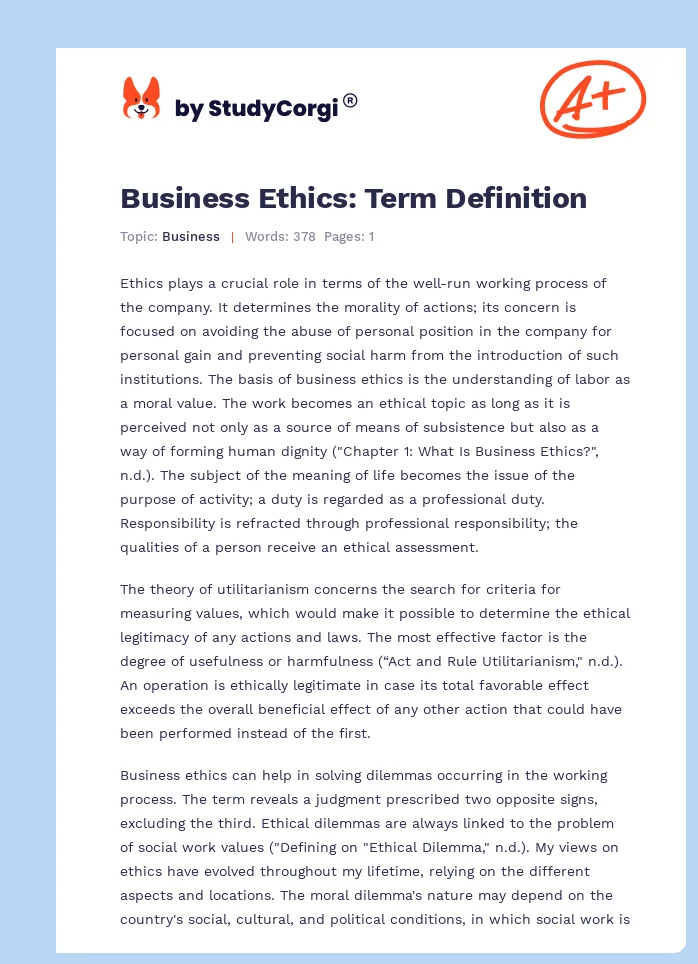 Business Ethics: Term Definition. Page 1