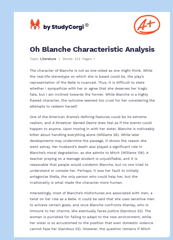 Oh Blanche Characteristic Analysis. Page 1