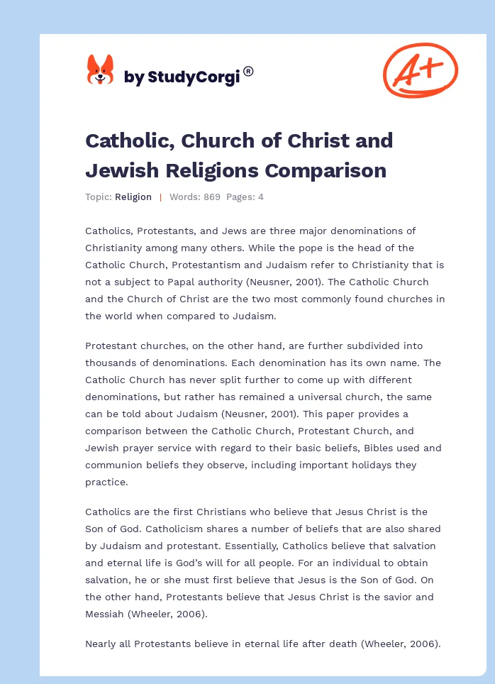 Catholic, Church of Christ and Jewish Religions Comparison. Page 1