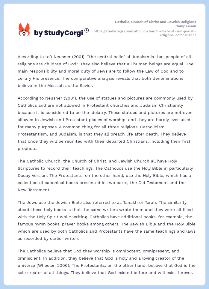 Catholic, Church of Christ and Jewish Religions Comparison. Page 2