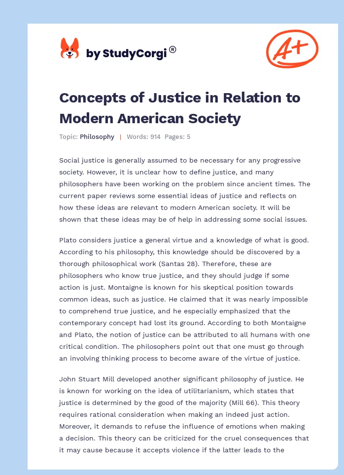 Concepts of Justice in Relation to Modern American Society. Page 1