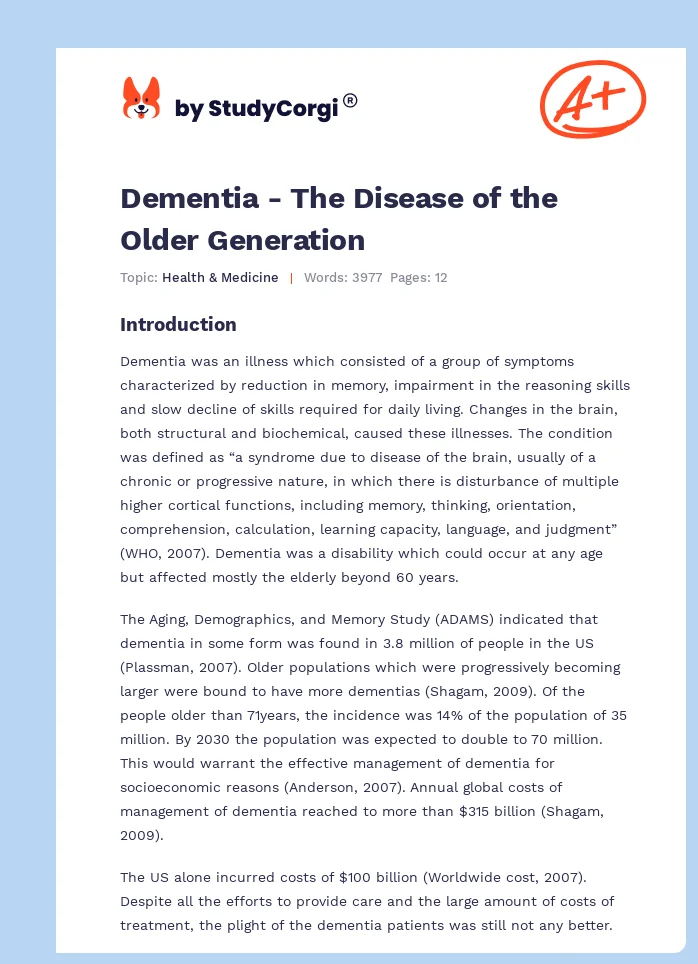 Dementia - The Disease of the Older Generation. Page 1