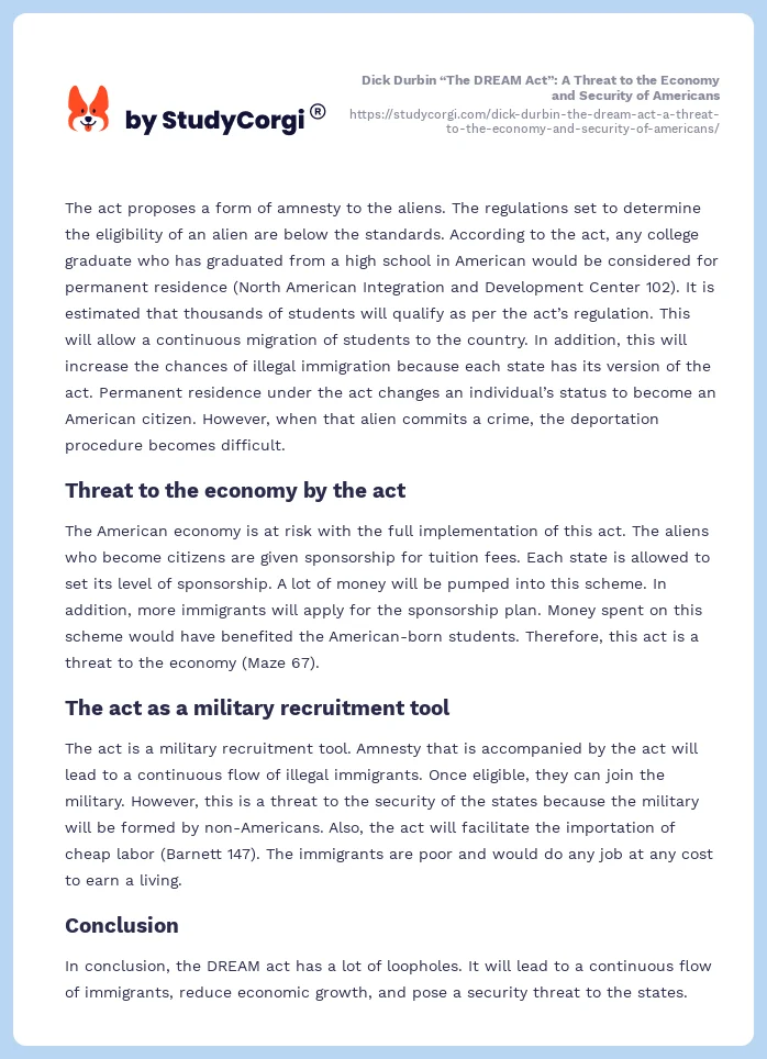 Dick Durbin “The DREAM Act”: A Threat to the Economy and Security of Americans. Page 2