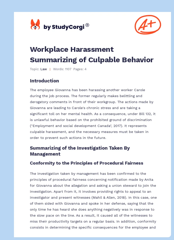 Workplace Harassment Summarizing of Culpable Behavior. Page 1