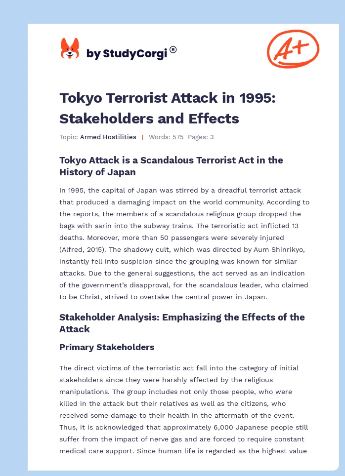 Tokyo Terrorist Attack in 1995: Stakeholders and Effects. Page 1