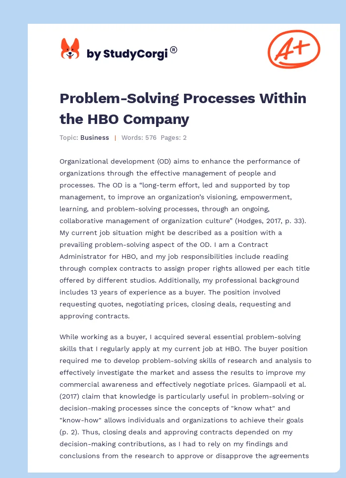 Problem-Solving Processes Within the HBO Company. Page 1
