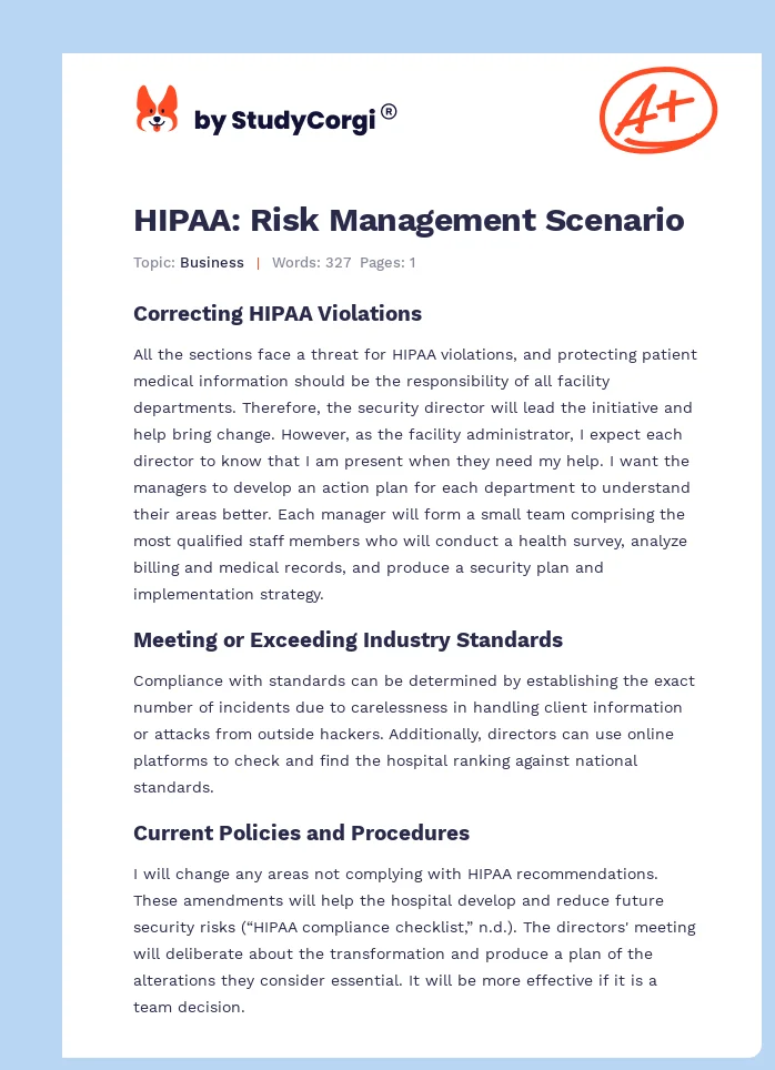 HIPAA: Risk Management Scenario. Page 1