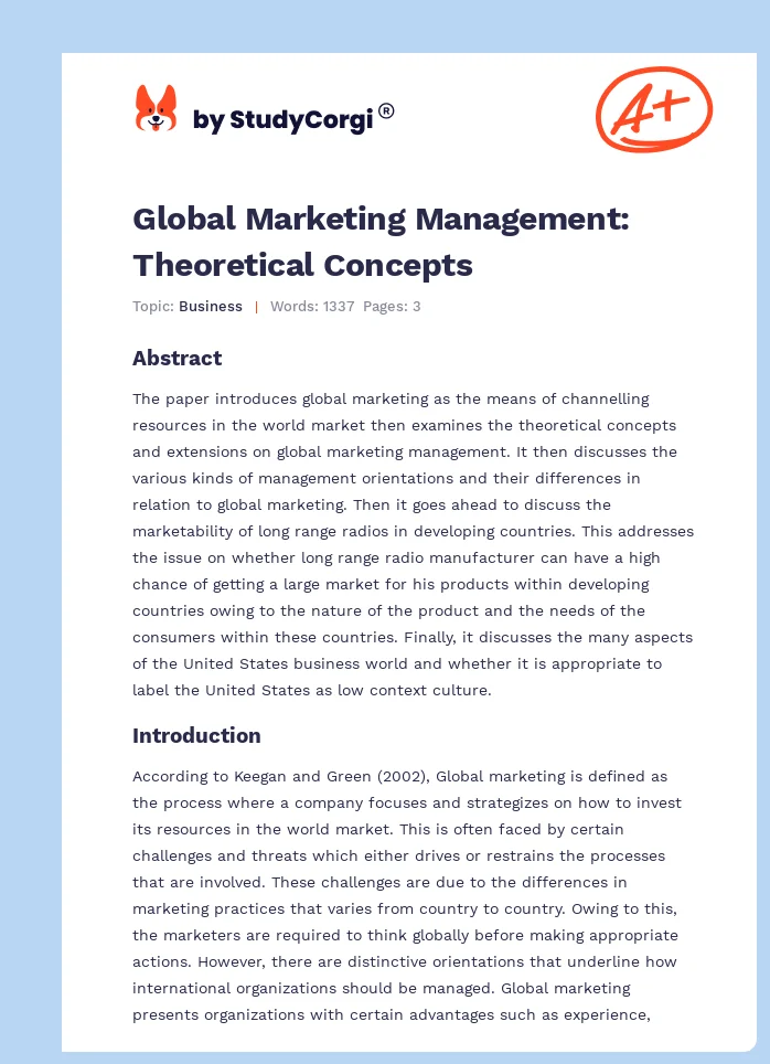Global Marketing Management: Theoretical Concepts. Page 1