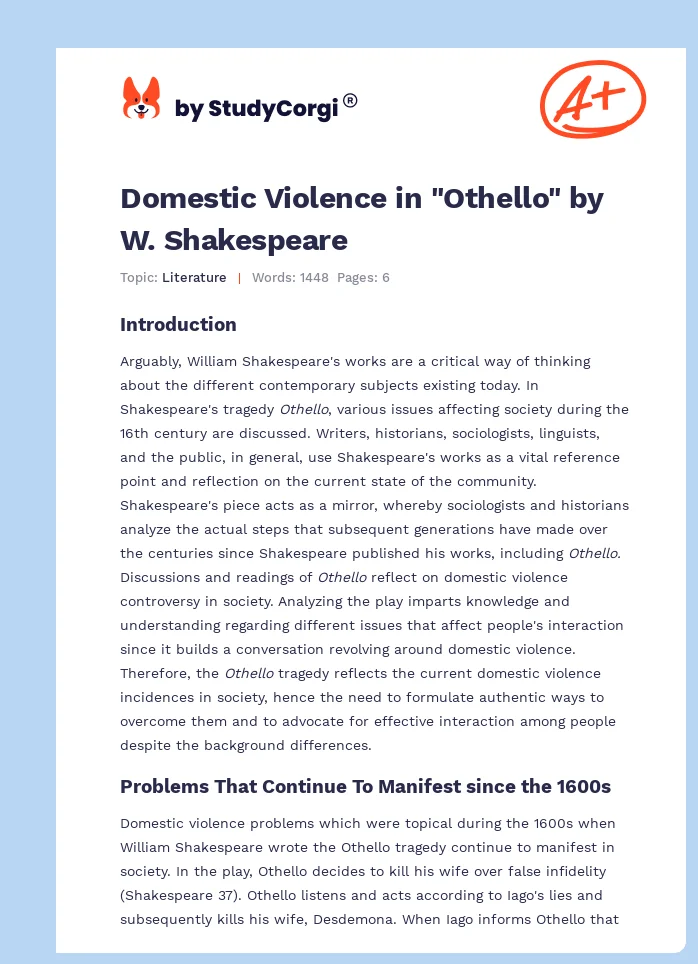 Domestic Violence in "Othello" by W. Shakespeare. Page 1