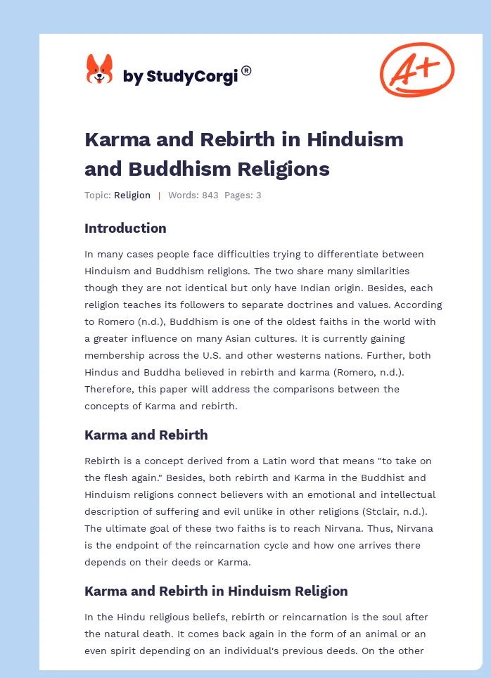 Karma and Rebirth in Hinduism and Buddhism Religions. Page 1
