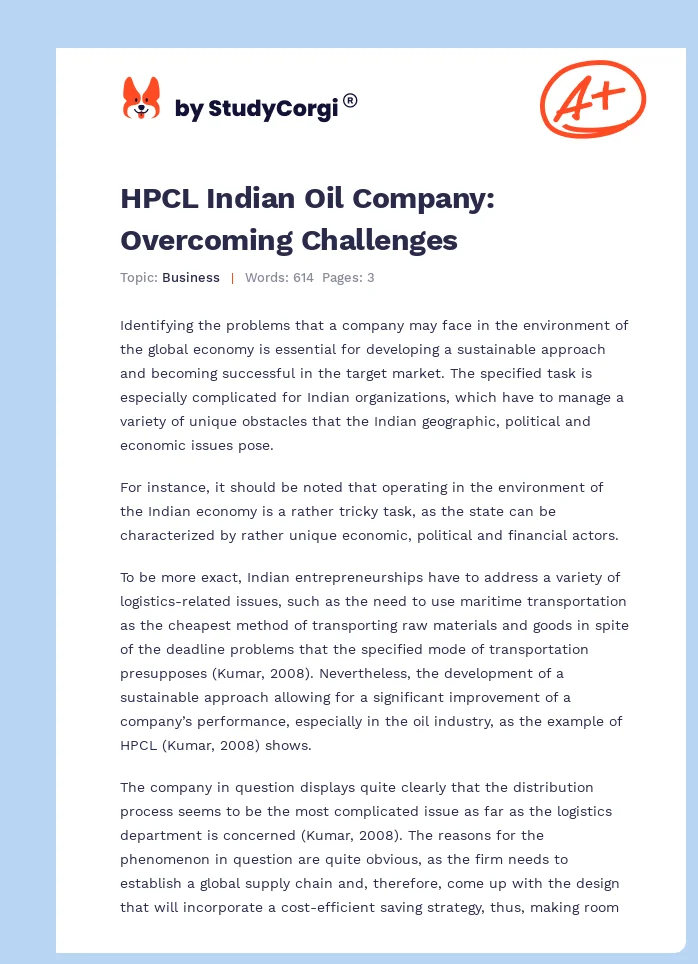 HPCL Indian Oil Company: Overcoming Challenges. Page 1