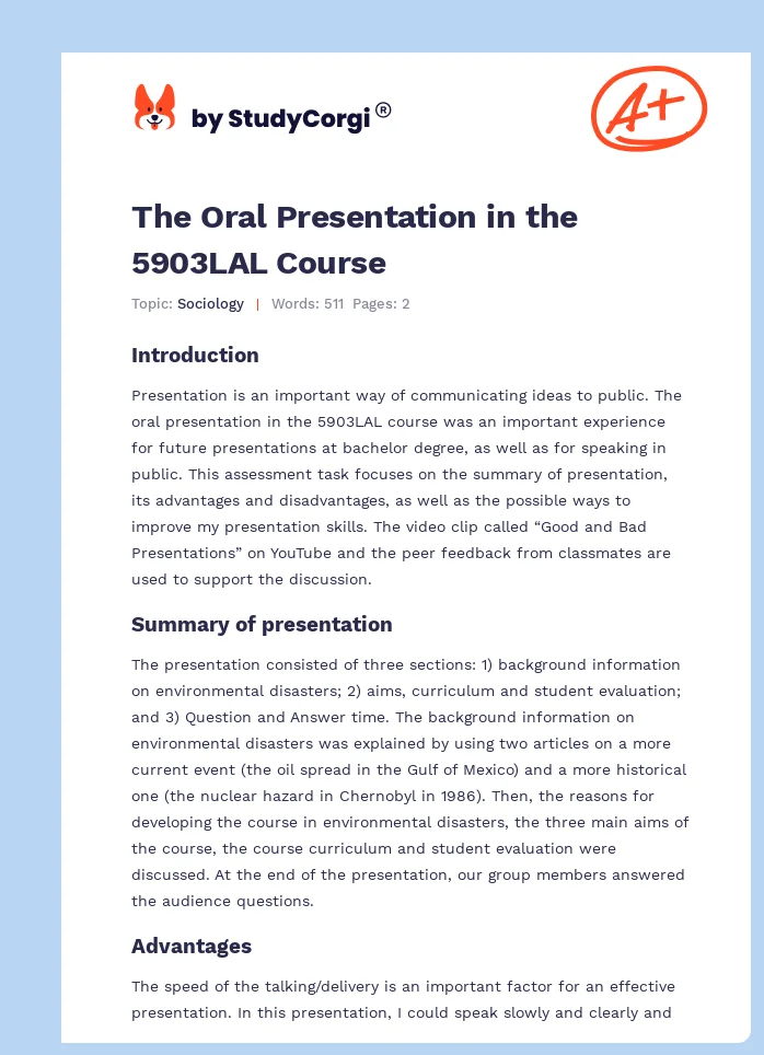 The Oral Presentation in the 5903LAL Course. Page 1