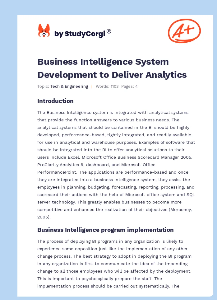 Business Intelligence System Development to Deliver Analytics. Page 1