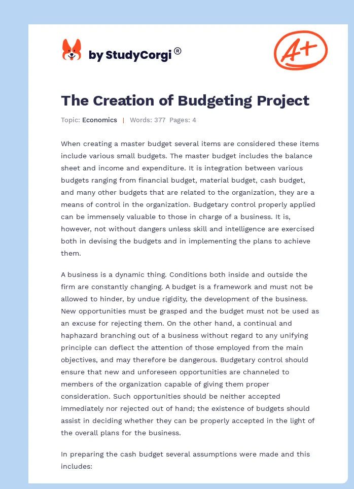 The Creation of Budgeting Project. Page 1