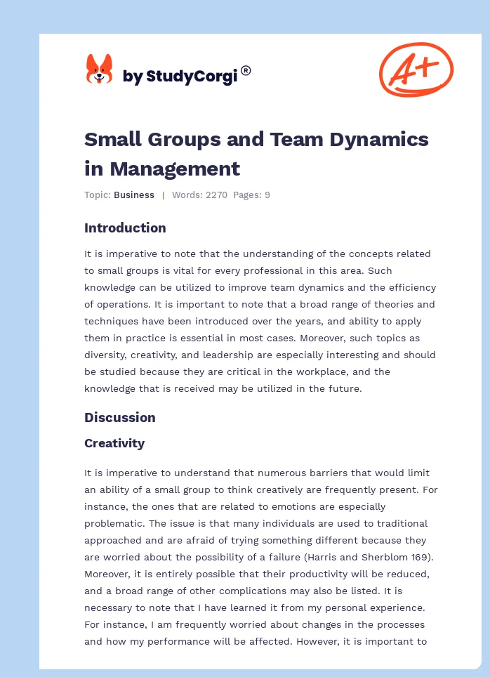 Small Groups and Team Dynamics in Management. Page 1