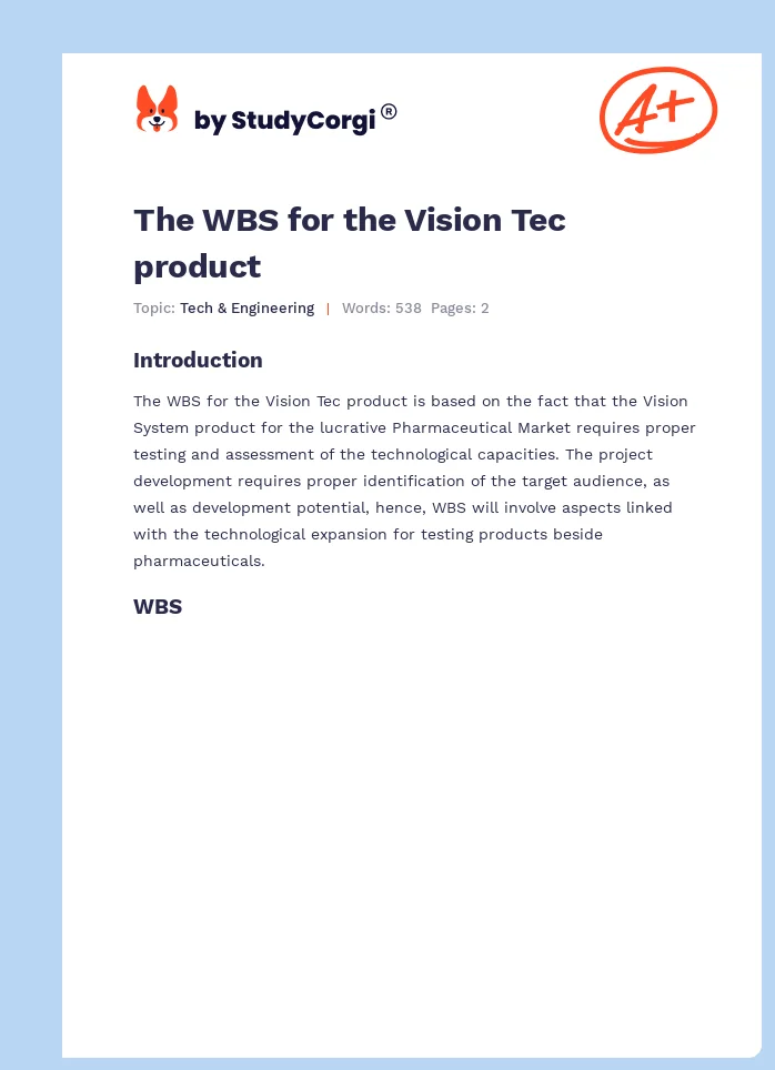The WBS for the Vision Tec product. Page 1