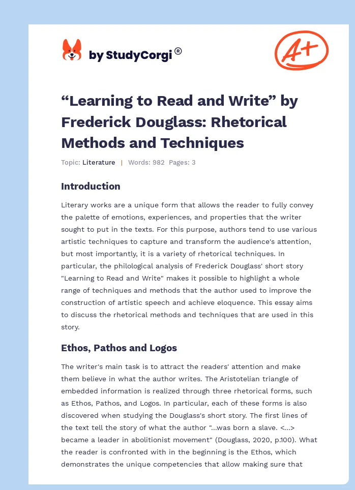 “Learning to Read and Write” by Frederick Douglass: Rhetorical Methods and Techniques. Page 1
