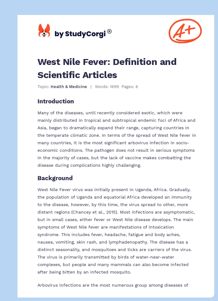 West Nile Fever: Definition and Scientific Articles. Page 1