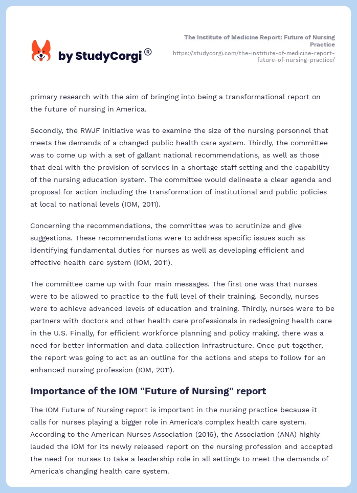 The Institute of Medicine Report: Future of Nursing Practice. Page 2