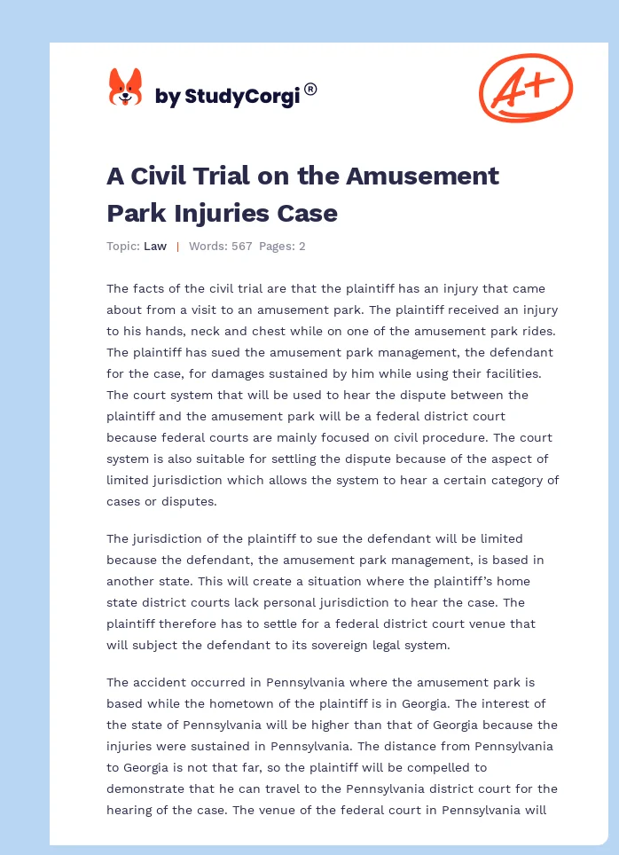 A Civil Trial on the Amusement Park Injuries Case. Page 1