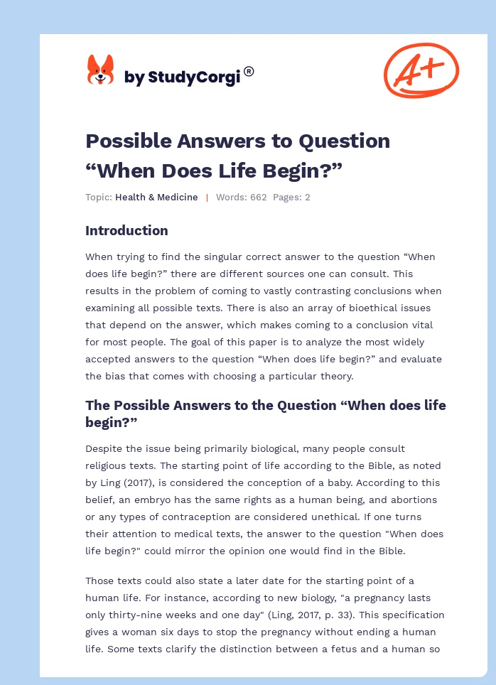 Possible Answers to Question “When Does Life Begin?”. Page 1