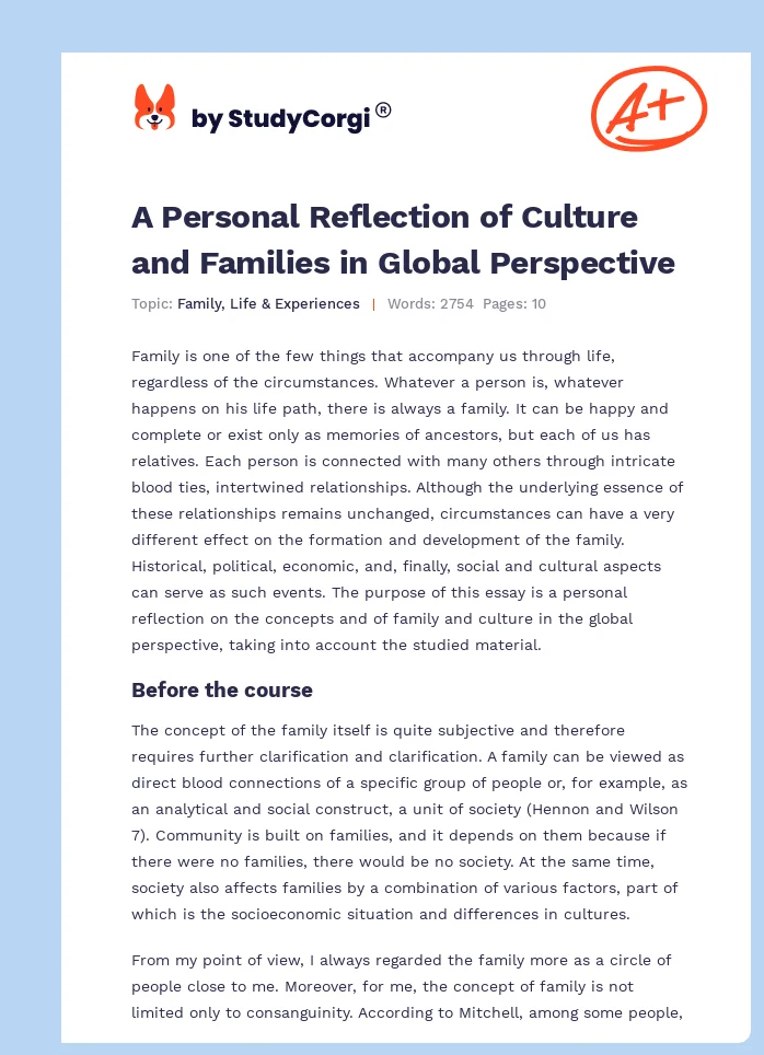 A Personal Reflection of Culture and Families in Global Perspective. Page 1