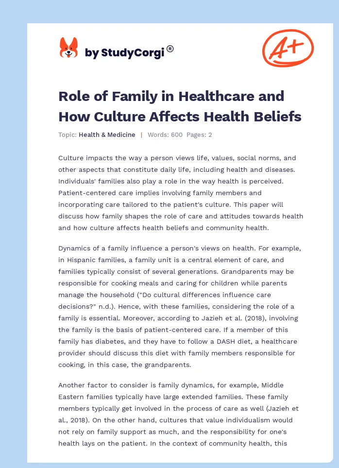 Role of Family in Healthcare and How Culture Affects Health Beliefs. Page 1