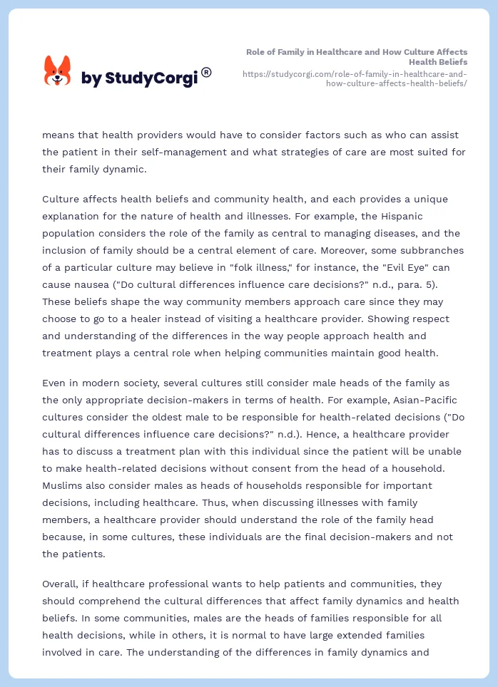 Role of Family in Healthcare and How Culture Affects Health Beliefs. Page 2