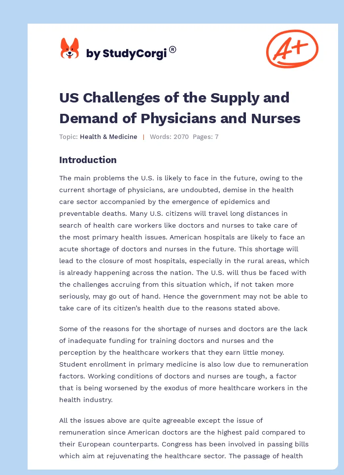 US Challenges of the Supply and Demand of Physicians and Nurses. Page 1