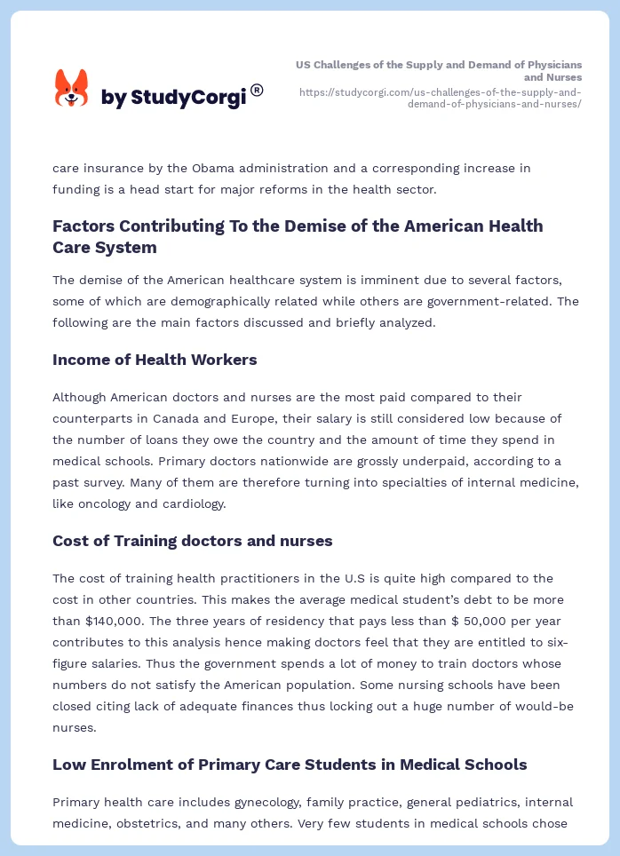 US Challenges of the Supply and Demand of Physicians and Nurses. Page 2