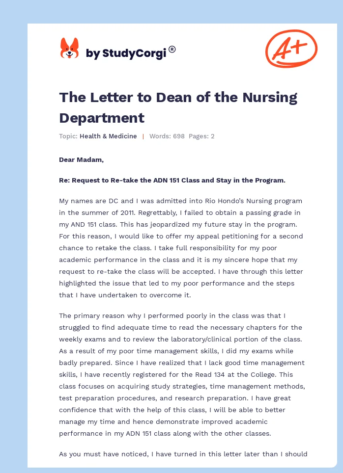 The Letter to Dean of the Nursing Department. Page 1