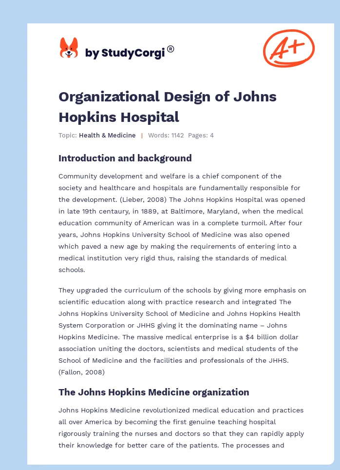 Organizational Design of Johns Hopkins Hospital. Page 1