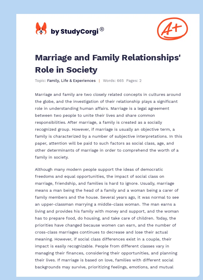 Marriage and Family Relationships' Role in Society. Page 1
