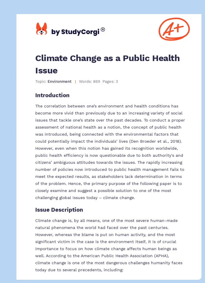 Climate Change as a Public Health Issue. Page 1