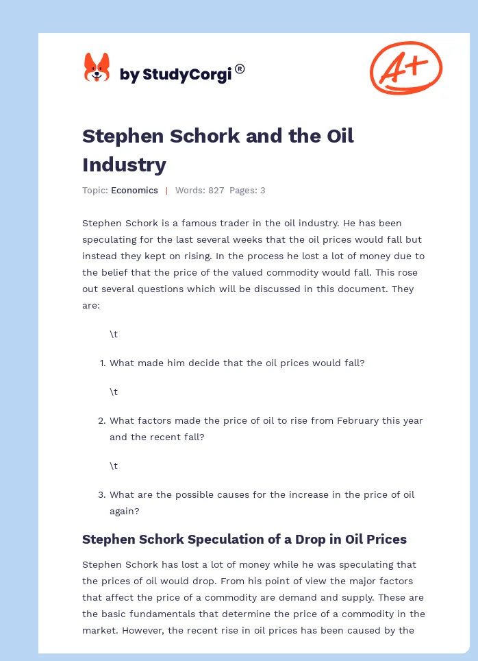 Stephen Schork and the Oil Industry. Page 1