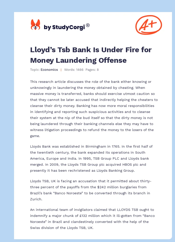 Lloyd’s Tsb Bank Is Under Fire for Money Laundering Offense. Page 1