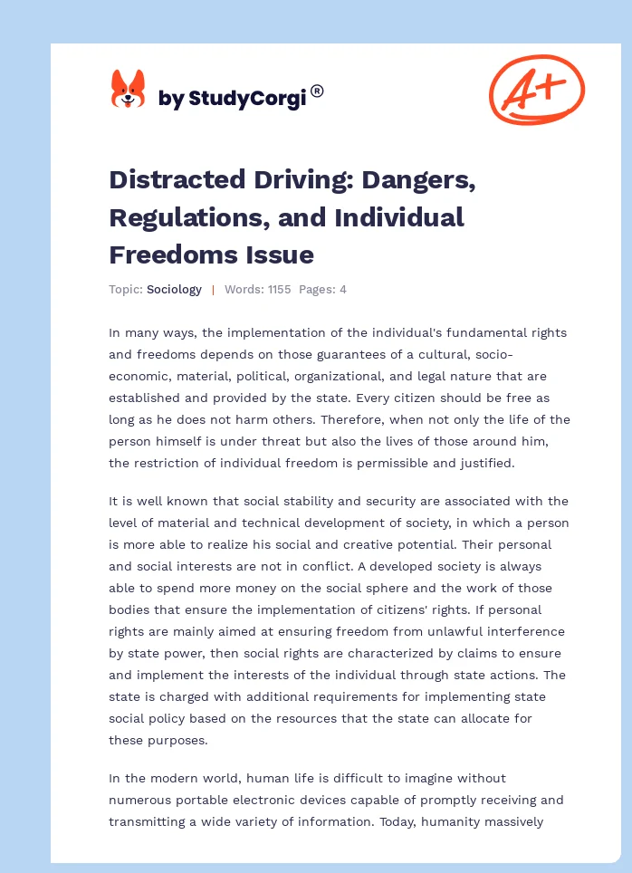 Distracted Driving: Dangers, Regulations, and Individual Freedoms Issue. Page 1