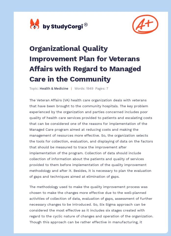Organizational Quality Improvement Plan for Veterans Affairs with Regard to Managed Care in the Community. Page 1
