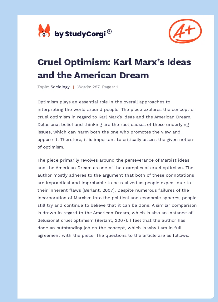 Cruel Optimism: Karl Marx’s Ideas and the American Dream. Page 1
