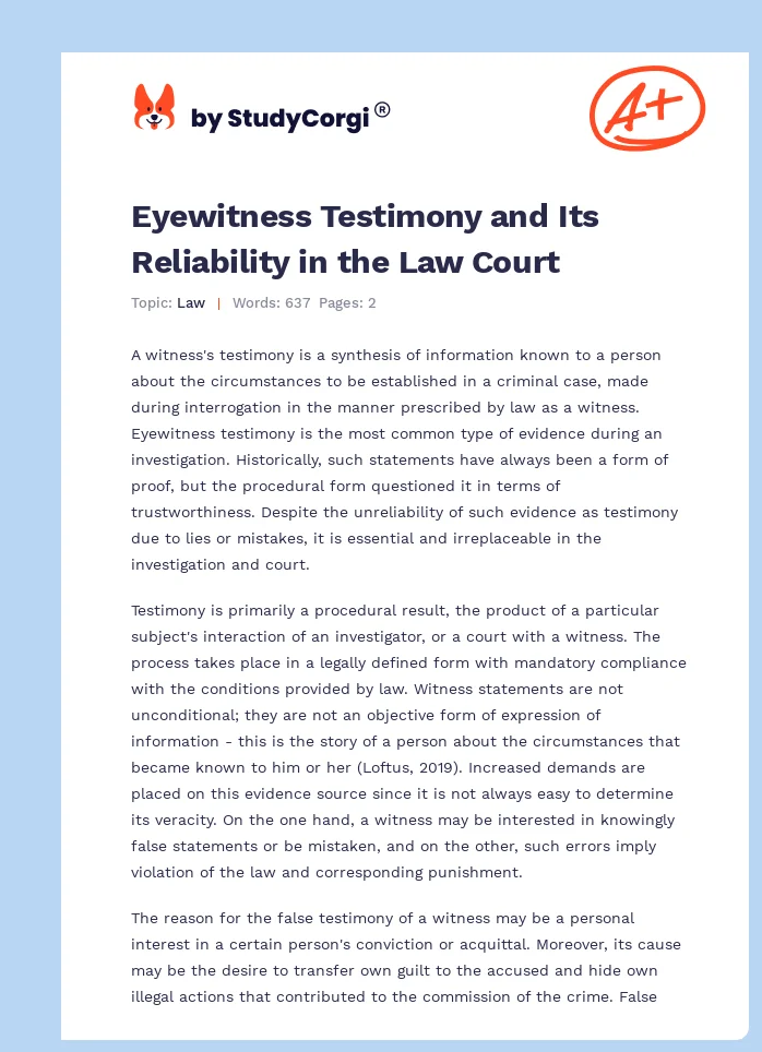 Eyewitness Testimony and Its Reliability in the Law Court. Page 1