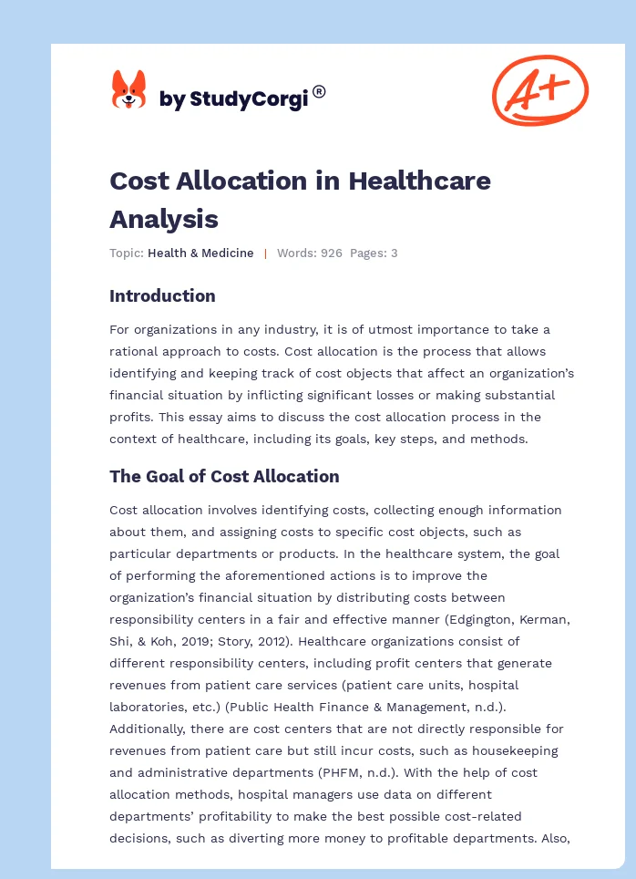 Cost Allocation in Healthcare Analysis. Page 1