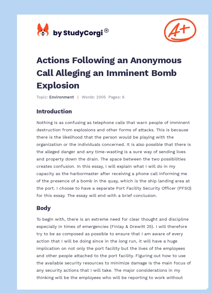 Actions Following an Anonymous Call Alleging an Imminent Bomb Explosion. Page 1