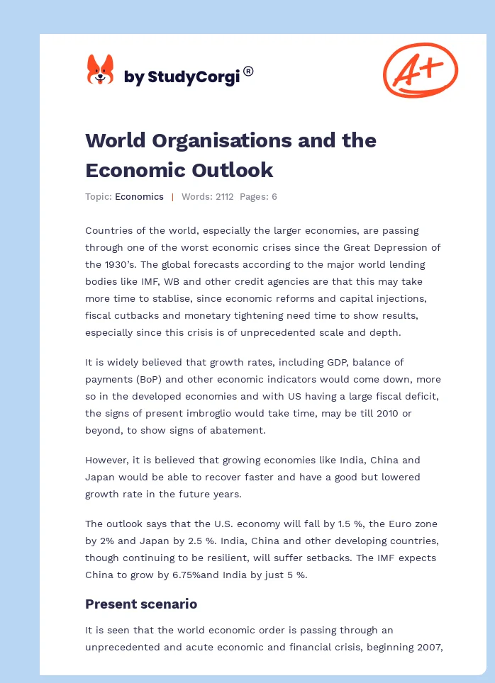 World Organisations and the Economic Outlook. Page 1
