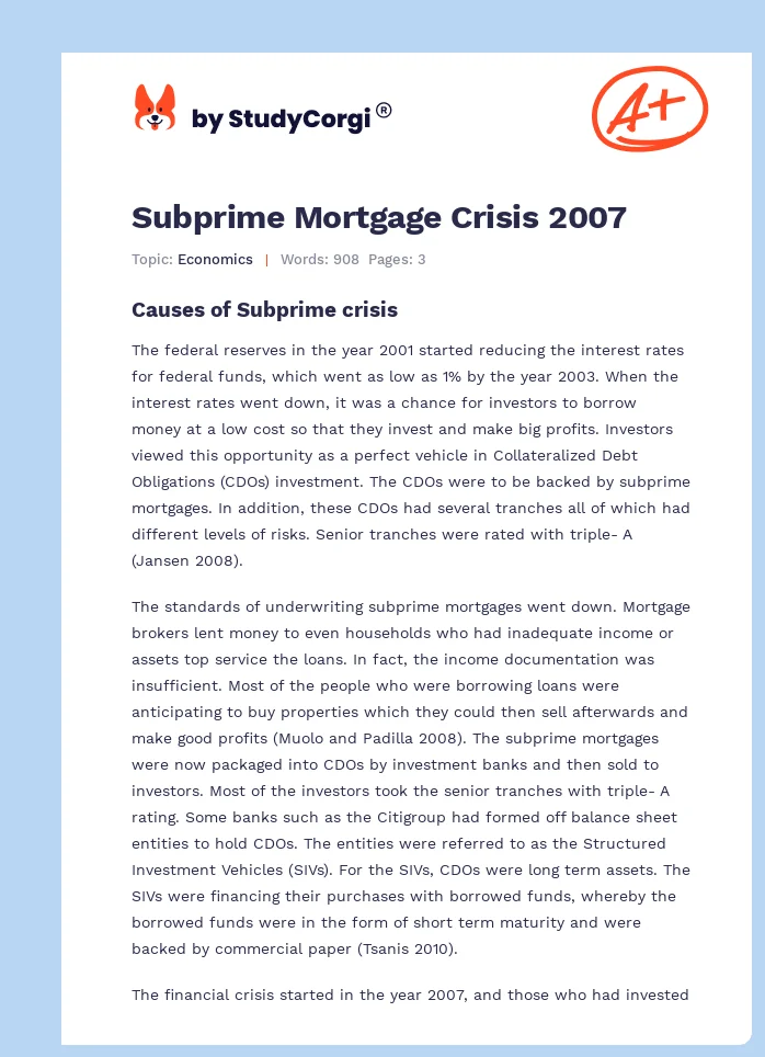 Subprime Mortgage Crisis 2007. Page 1