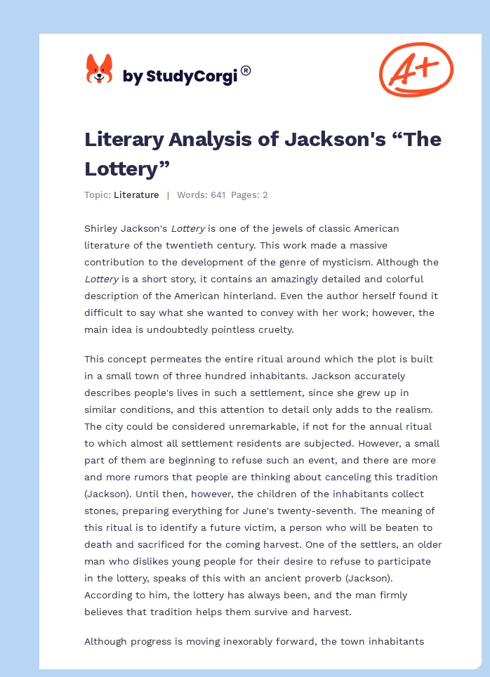 Literary Analysis of Jackson's “The Lottery”. Page 1