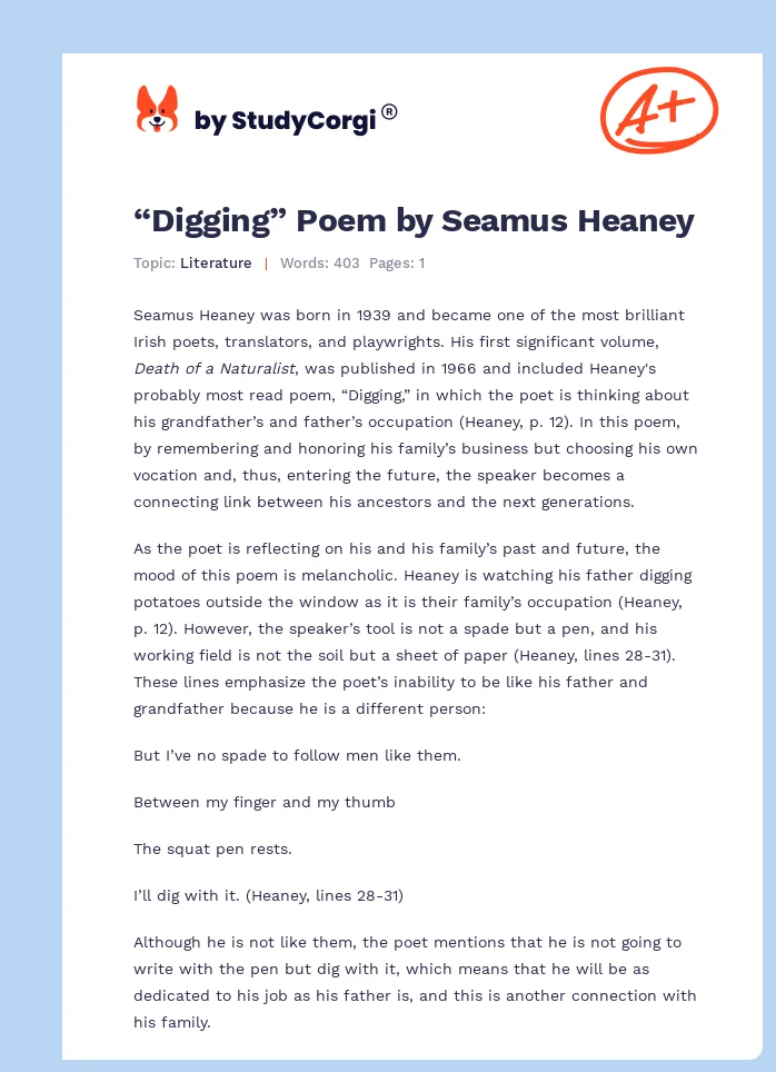 “Digging” Poem by Seamus Heaney. Page 1