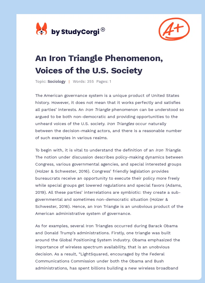 An Iron Triangle Phenomenon, Voices of the U.S. Society. Page 1